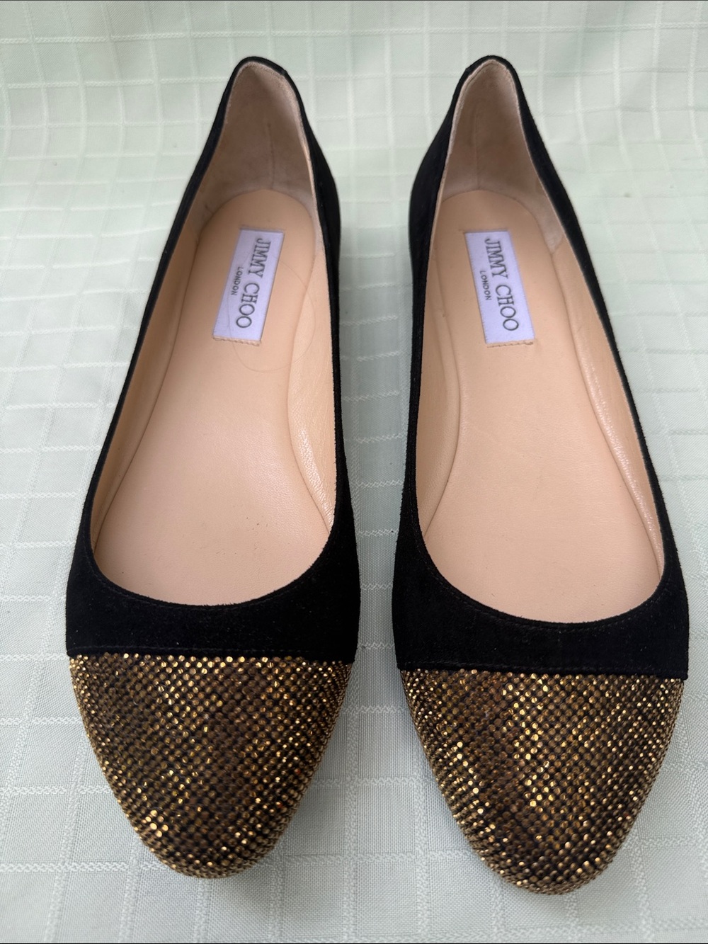 Jimmy Choo Black Suede Flats with Gold Crystal-Toe Cap